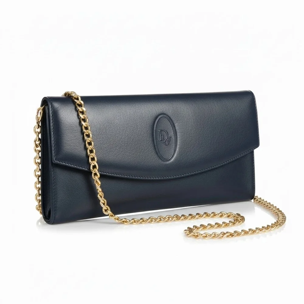 Dior Vintage Navy Leather Envelope Wallet EUC